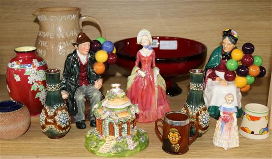 A Doulton flambe bowl, three figures, Motto jug etc